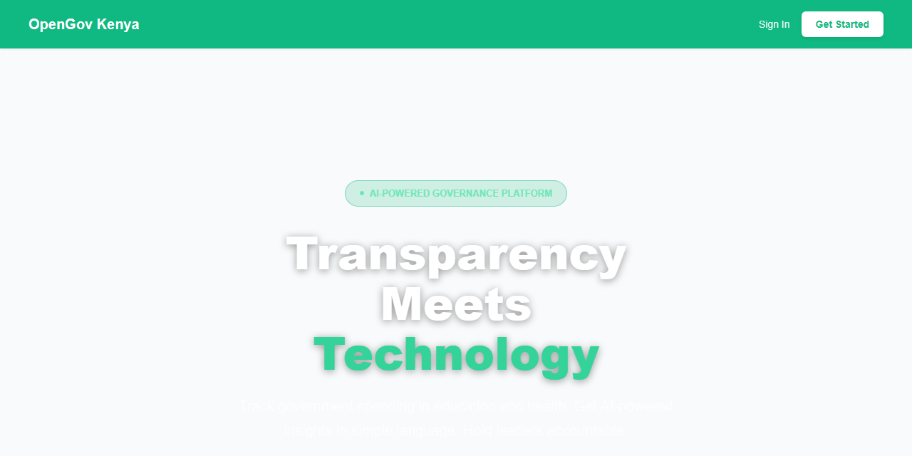 Screenshot of the OpenGov Kenya government budget transparency platform homepage